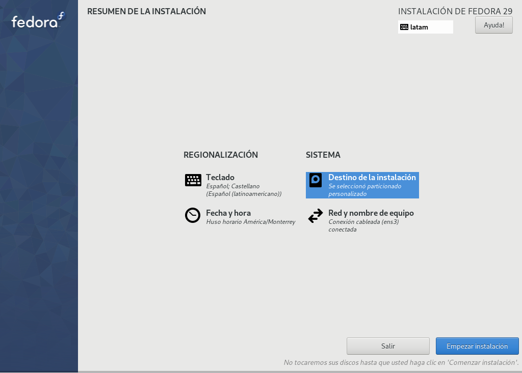 Fedora Workstation install step 11
