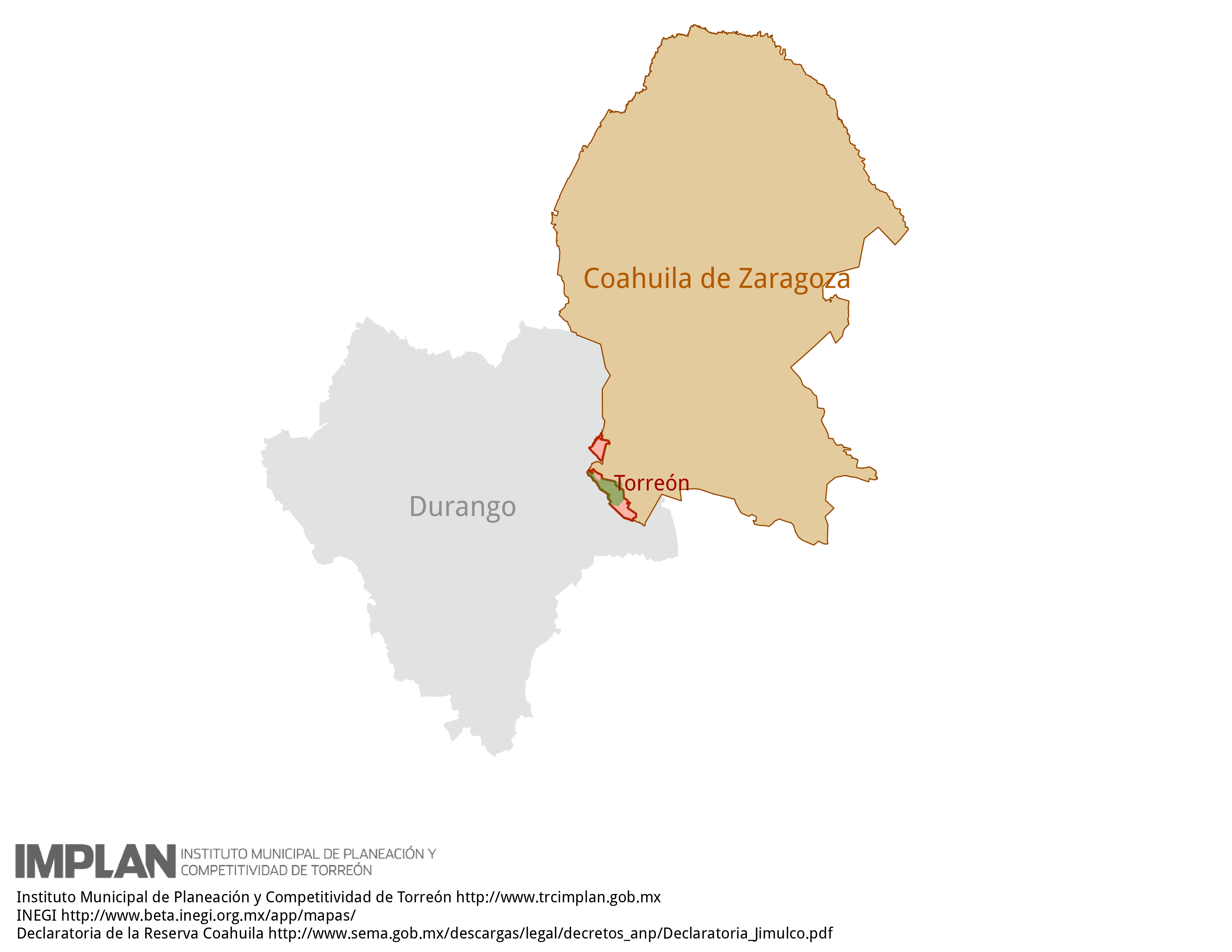Mapa de Coahuila de Zaragoza y Durango con Torreón y Jimulco